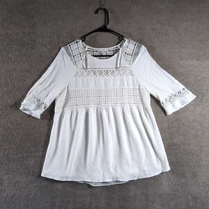 Pale Sky Crochet Lace Trimmed Gauze Top Blouse White‎ Size M Peasant Top